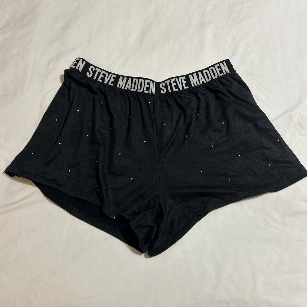 Steve Madden Womens Black Rhinestone Logo Waistband Lounge Sleep Shorts Size M